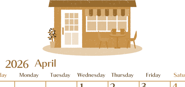 2026年4月縦型レトロな日曜始まり 新生活イラストのおしゃれA4無料セピア調カレンダー(2026-00730410)