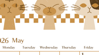 2026年5月縦型レトロな日曜始まり 猫たちイラストのおしゃれA4無料セピア調カレンダー(2026-00730510)