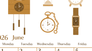 2026年6月縦型レトロな日曜始まり 時計イラストのおしゃれA4無料セピア調カレンダー(2026-00730610)