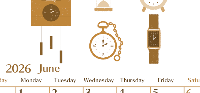 2026年6月縦型レトロな日曜始まり 時計イラストのおしゃれA4無料セピア調カレンダー(2026-00730610)