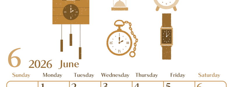 2026年6月縦型レトロな日曜始まり 時計イラストのおしゃれA4無料セピア調カレンダー(2026-00730610)