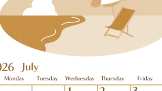 2026年7月縦型レトロな日曜始まり  バカンスイラストのおしゃれA4無料セピア調カレンダー(2026-00730710)