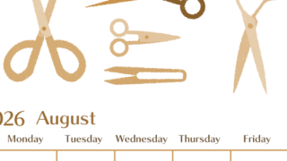 2026年8月縦型レトロな日曜始まり ハサミイラストのおしゃれA4無料セピア調カレンダー(2026-00730810)