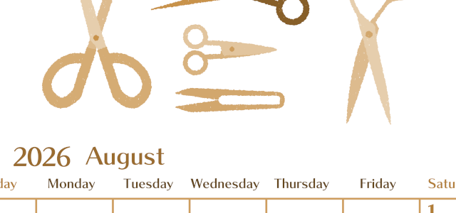 2026年8月縦型レトロな日曜始まり ハサミイラストのおしゃれA4無料セピア調カレンダー(2026-00730810)