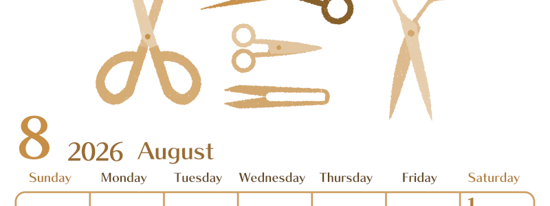 2026年8月縦型レトロな日曜始まり ハサミイラストのおしゃれA4無料セピア調カレンダー(2026-00730810)