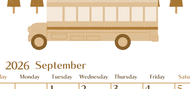2026年9月縦型レトロな日曜始まり バスイラストのおしゃれA4無料セピア調カレンダー(2026-00730910)