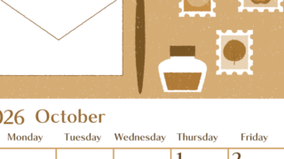 2026年10月縦型レトロな日曜始まり 手紙イラストのおしゃれA4無料セピア調カレンダー(2026-00731010)