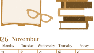 2026年11月縦型レトロな日曜始まり 読書イラストのおしゃれA4無料セピア調カレンダー(2026-00731110)