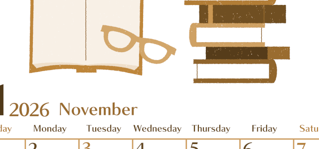 2026年11月縦型レトロな日曜始まり 読書イラストのおしゃれA4無料セピア調カレンダー(2026-00731110)