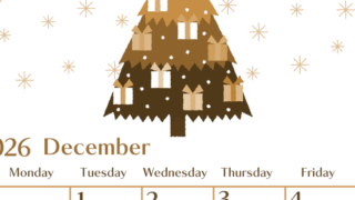2026年12月縦型レトロな日曜始まり クリスマスツリーイラストのおしゃれA4無料セピア調カレンダー(2026-00731210)