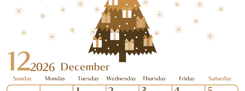 2026年12月縦型レトロな日曜始まり クリスマスツリーイラストのおしゃれA4無料セピア調カレンダー(2026-00731210)