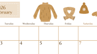 2026年2月横型レトロな月曜始まり イラストのおしゃれA4無料セピア調カレンダー(2026-00730201)