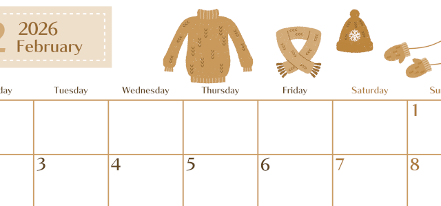 2026年2月横型レトロな月曜始まり イラストのおしゃれA4無料セピア調カレンダー(2026-00730201)