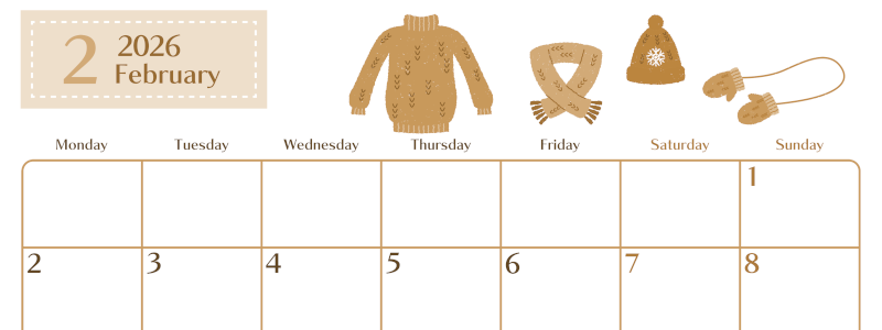 2026年2月横型レトロな月曜始まり イラストのおしゃれA4無料セピア調カレンダー(2026-00730201)