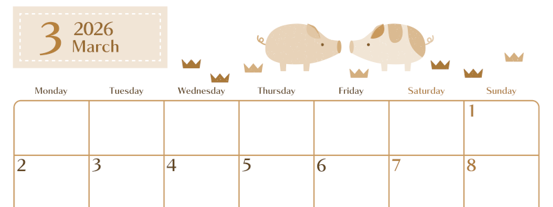 2026年3月横型レトロな月曜始まり 子豚イラストのおしゃれA4無料セピア調カレンダー(2026-00730301)