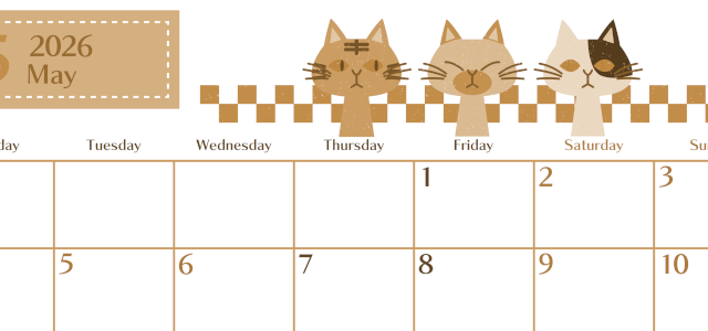 2026年5月横型レトロな月曜始まり 猫たちイラストのおしゃれA4無料セピア調カレンダー(2026-00730501)