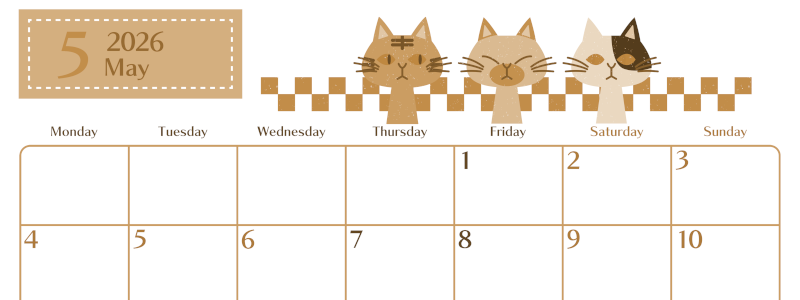 2026年5月横型レトロな月曜始まり 猫たちイラストのおしゃれA4無料セピア調カレンダー(2026-00730501)