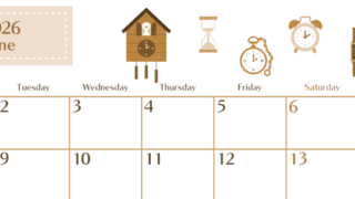 2026年6月横型レトロな月曜始まり 時計イラストのおしゃれA4無料セピア調カレンダー(2026-00730601)