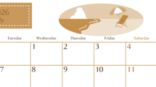 2026年7月横型レトロな月曜始まり  バカンスイラストのおしゃれA4無料セピア調カレンダー(2026-00730701)