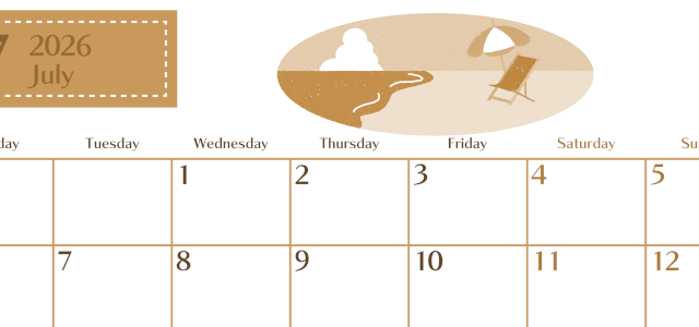 2026年7月横型レトロな月曜始まり  バカンスイラストのおしゃれA4無料セピア調カレンダー(2026-00730701)