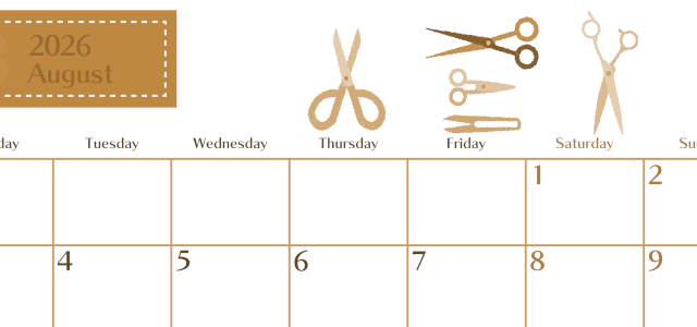 2026年8月横型レトロな月曜始まり ハサミイラストのおしゃれA4無料セピア調カレンダー(2026-00730801)