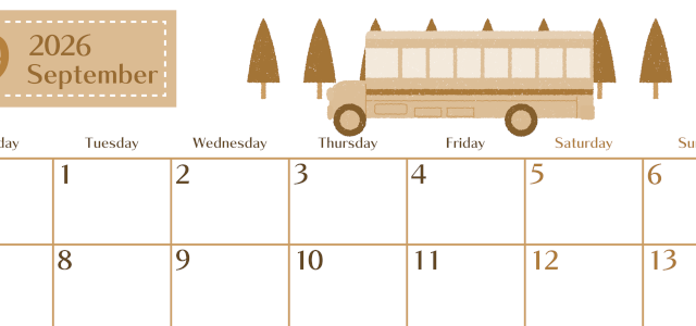 2026年9月横型レトロな月曜始まり バスイラストのおしゃれA4無料セピア調カレンダー(2026-00730901)