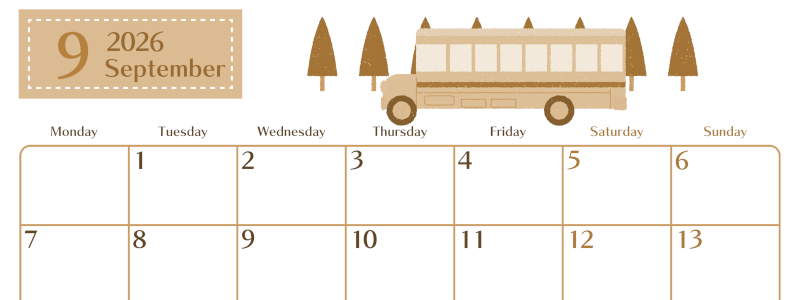 2026年9月横型レトロな月曜始まり バスイラストのおしゃれA4無料セピア調カレンダー(2026-00730901)
