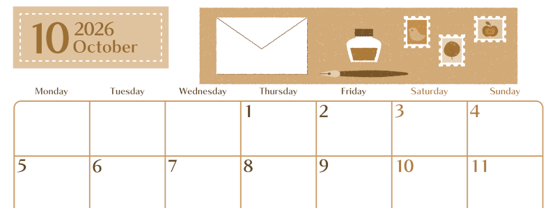 2026年10月横型レトロな月曜始まり 手紙イラストのおしゃれA4無料セピア調カレンダー(2026-00731001)