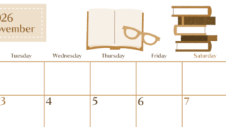 2026年11月横型レトロな月曜始まり 読書イラストのおしゃれA4無料セピア調カレンダー(2026-00731101)