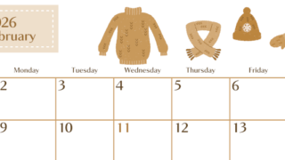 2026年2月横型レトロな日曜始まり イラストのおしゃれA4無料セピア調カレンダー(2026-00730200)