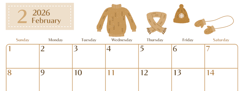 2026年2月横型レトロな日曜始まり イラストのおしゃれA4無料セピア調カレンダー(2026-00730200)