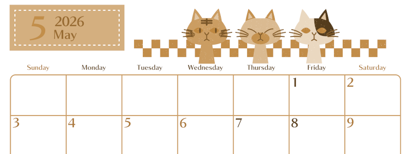 2026年5月横型レトロな日曜始まり 猫たちイラストのおしゃれA4無料セピア調カレンダー(2026-00730500)