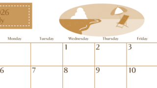 2026年7月横型レトロな日曜始まり バカンスイラストのおしゃれA4無料セピア調カレンダー(2026-00730700)