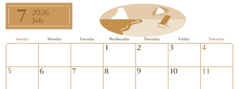 2026年7月横型レトロな日曜始まり バカンスイラストのおしゃれA4無料セピア調カレンダー(2026-00730700)