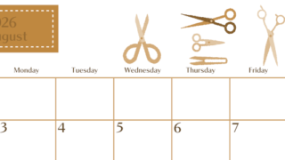 2026年8月横型レトロな日曜始まり ハサミイラストのおしゃれA4無料セピア調カレンダー(2026-00730800)