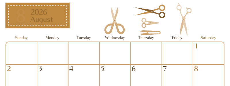 2026年8月横型レトロな日曜始まり ハサミイラストのおしゃれA4無料セピア調カレンダー(2026-00730800)