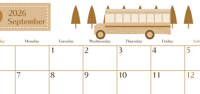2026年9月横型レトロな日曜始まり バスイラストのおしゃれA4無料セピア調カレンダー(2026-00730900)
