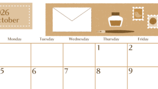 2026年10月横型レトロな日曜始まり 手紙イラストのおしゃれA4無料セピア調カレンダー(2026-00731000)