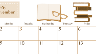 2026年11月横型レトロな日曜始まり 読書イラストのおしゃれA4無料セピア調カレンダー(2026-00731100)