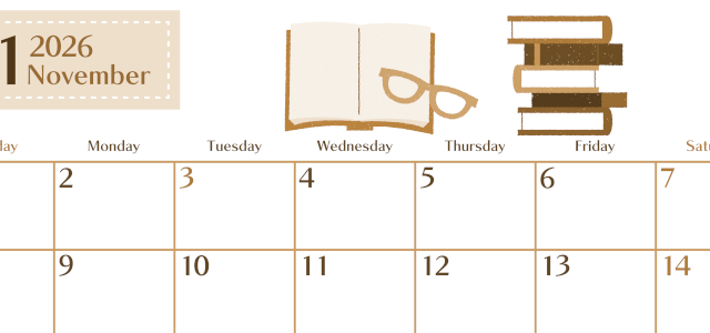 2026年11月横型レトロな日曜始まり 読書イラストのおしゃれA4無料セピア調カレンダー(2026-00731100)