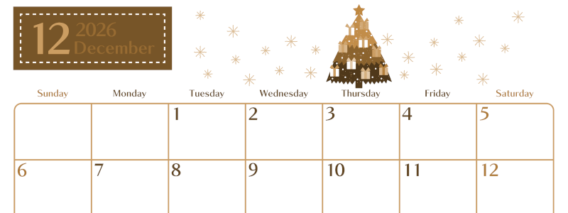 2026年12月横型レトロな日曜始まり クリスマスツリーイラストのおしゃれA4無料セピア調カレンダー(2026-00731200)