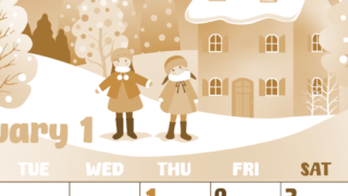 2026年1月縦型レトロな月曜始まり イラストのかわいいA4無料セピア調カレンダー(2026-00740111)