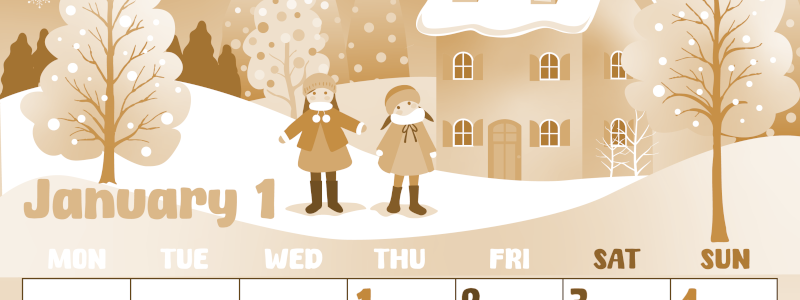 2026年1月縦型レトロな月曜始まり イラストのかわいいA4無料セピア調カレンダー(2026-00740111)