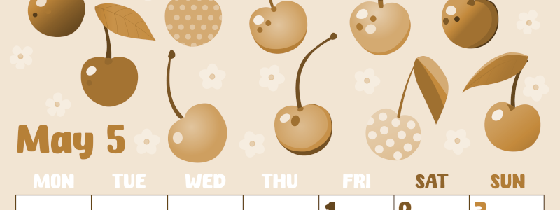 2026年5月縦型レトロな月曜始まり サクランボイラストのかわいいA4無料セピア調カレンダー(2026-00740511)