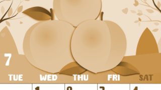 2026年7月縦型レトロな月曜始まり 桃イラストのかわいいA4無料セピア調カレンダー(2026-00740711)