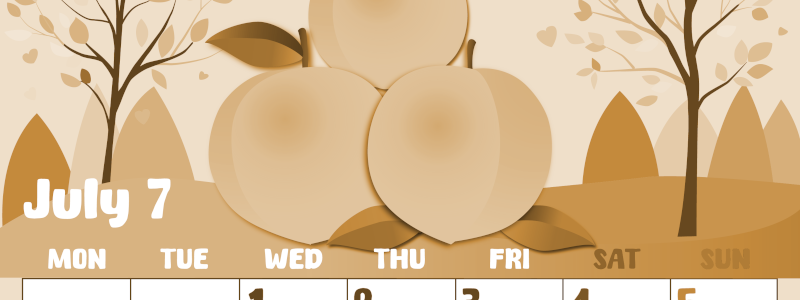 2026年7月縦型レトロな月曜始まり 桃イラストのかわいいA4無料セピア調カレンダー(2026-00740711)