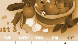 2026年8月縦型レトロな月曜始まり 野菜イラストのかわいいA4無料セピア調カレンダー(2026-00740811)