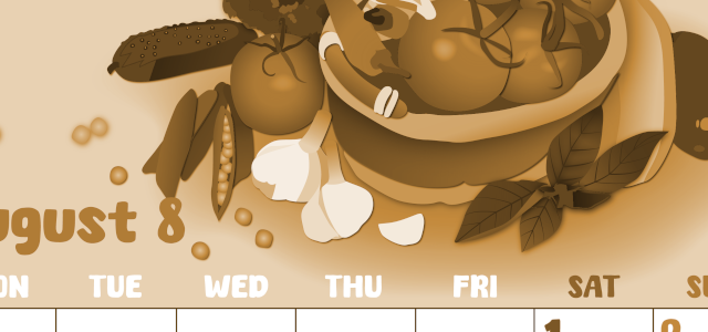 2026年8月縦型レトロな月曜始まり 野菜イラストのかわいいA4無料セピア調カレンダー(2026-00740811)