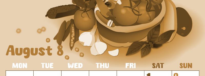 2026年8月縦型レトロな月曜始まり 野菜イラストのかわいいA4無料セピア調カレンダー(2026-00740811)