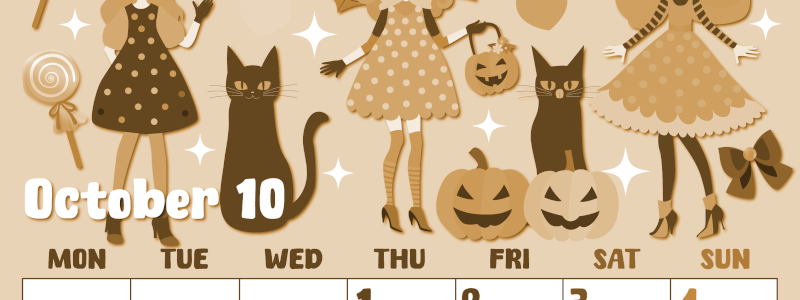 2026年10月縦型レトロな月曜始まり  ポップなイラストのかわいいA4無料セピア調カレンダー(2026-00741011)